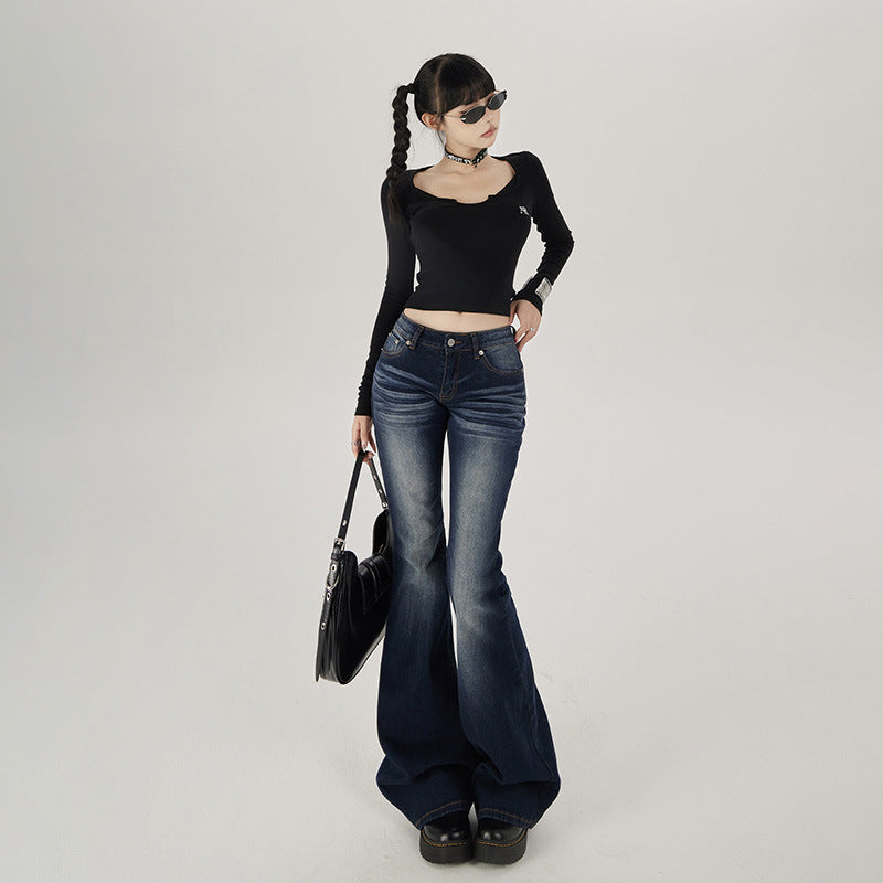 Flared Denim Pants for Women - Low Waist Slim Fit Elastic Flare Trousers