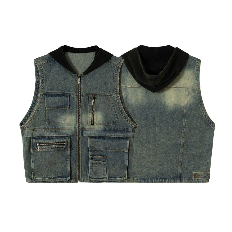 Functional Multi-Pocket Casual Loose Fit Hooded Denim Vest for Men