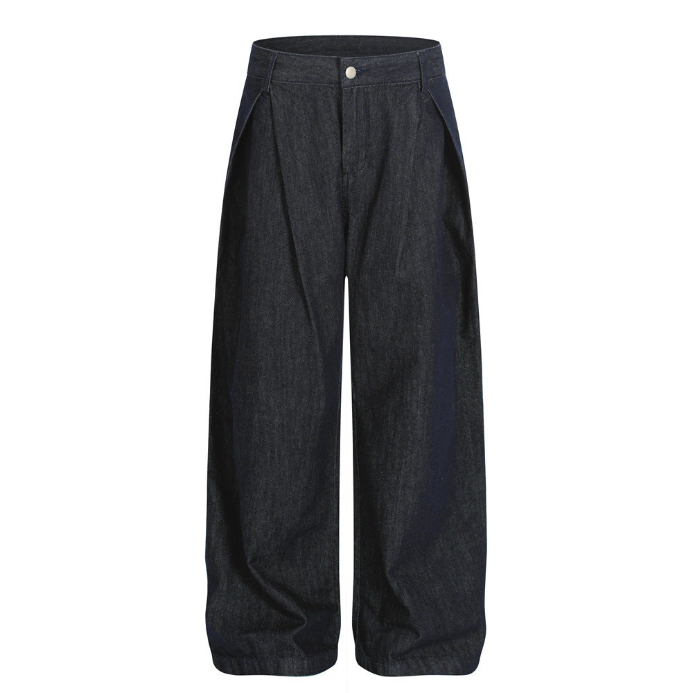 Vintage Men's Jeans, Pleated Wide-Leg Trendy Brand Loose Straight-Leg Pants for Men