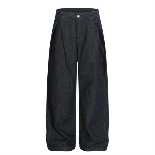 Vintage Men's Jeans, Pleated Wide-Leg Trendy Brand Loose Straight-Leg Pants for Men
