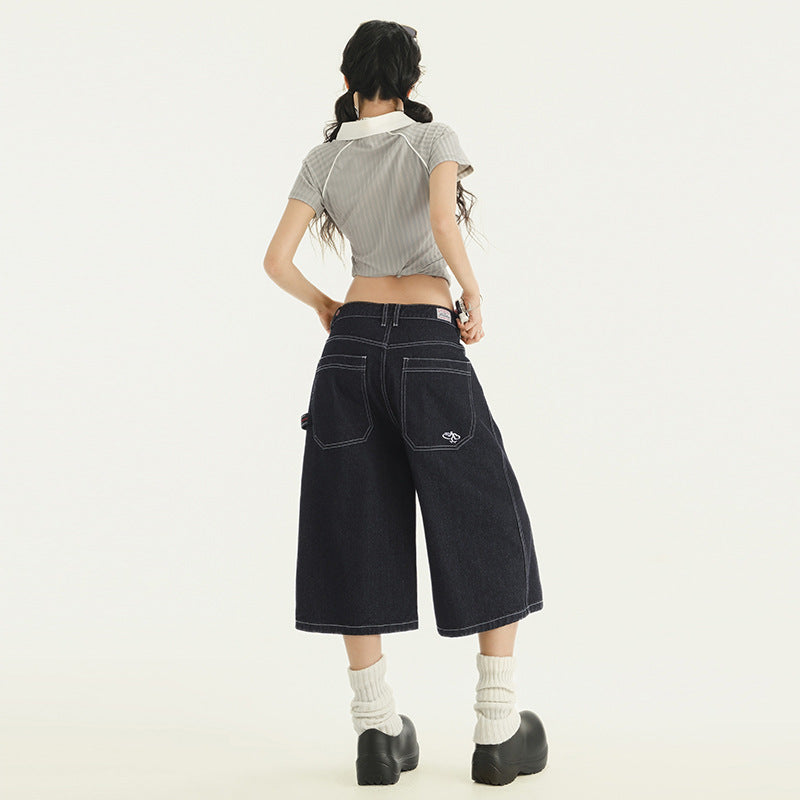 Women's Wide Leg Denim Capri Pants - Summer Loose Drape Trousers