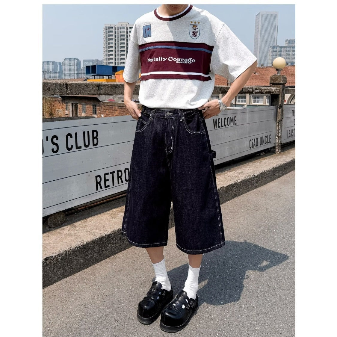 Wide Leg Denim Seven Quarter Straight Workwear Casual Shorts