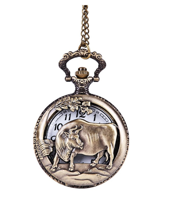 Large Bronze Thin Chain Chinese Zodiac Classic Retro Pocket Watch