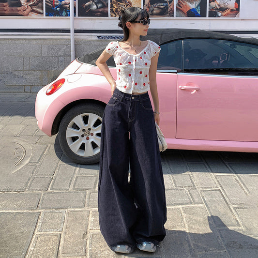 Women's High-Waist Blue Wide-Leg Denim Pants