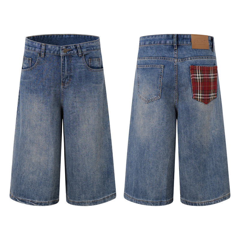 High-Waist Slimming Loose Fit Denim Pants with Back Pocket Plaid for Men and Women