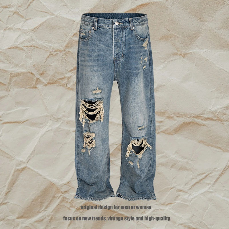 High Street Distressed Hole Denim Long Pants - Washed Loose Wide Leg Jeans
