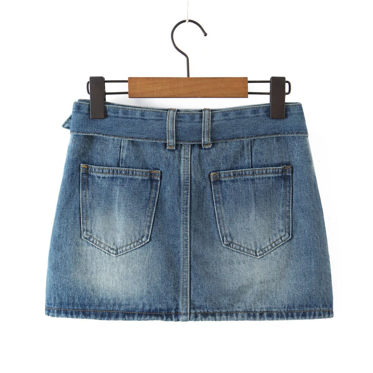 Summer New Fashion Retro Style Belt Old Washed Denim Skirt for Women