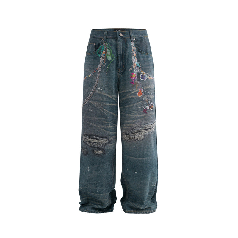 Unisex Printed Distressed Denim Pants - High Street Long Trousers for Summer