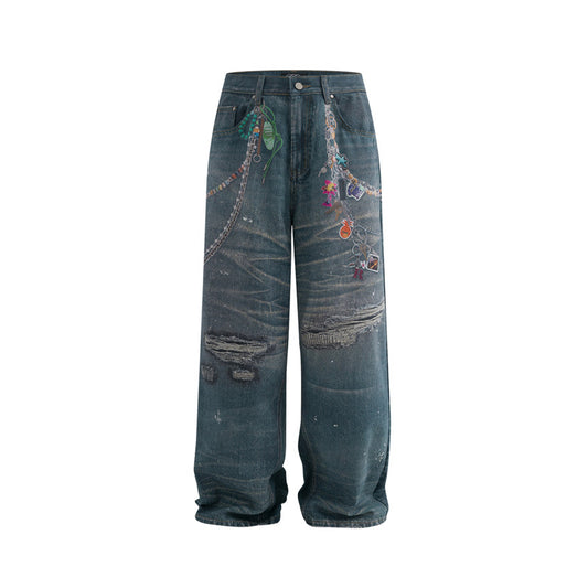 Unisex Printed Distressed Denim Pants - High Street Long Trousers for Summer