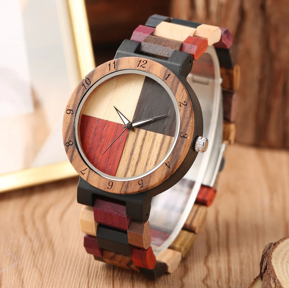 Vintage Wooden Dial Quartz Watch with Colorful Wooden Bangle Band