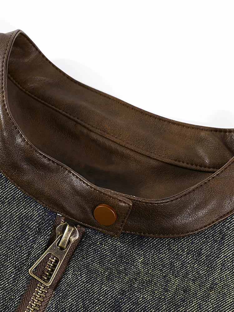 Women's Vintage Denim Biker Jacket with PU Leather Patchwork