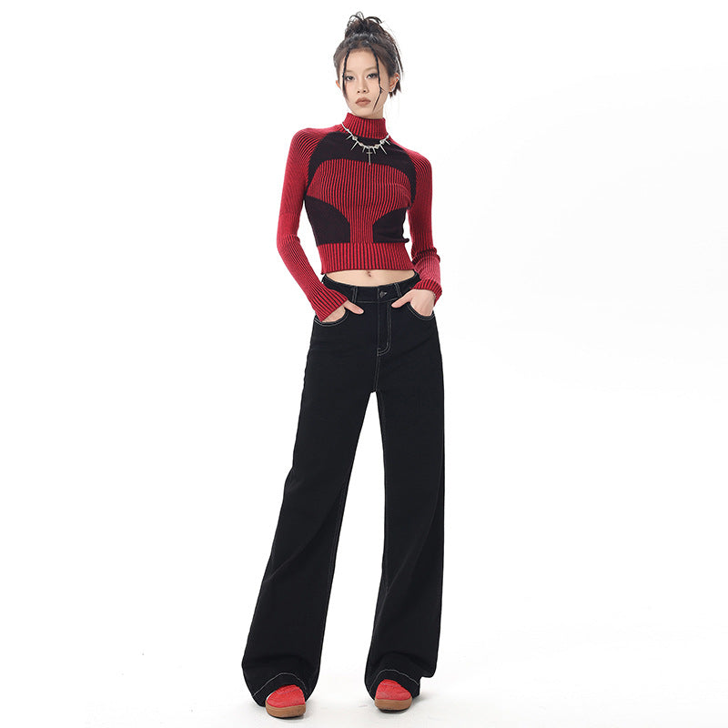 Women's Black Retro Wide Leg Jeans -  Loose Floor-Length Pants