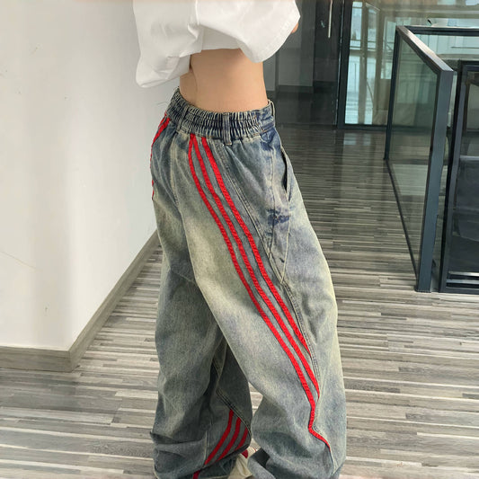 Vintage Denim Straight Leg Wide Leg Pants with Side Stripes