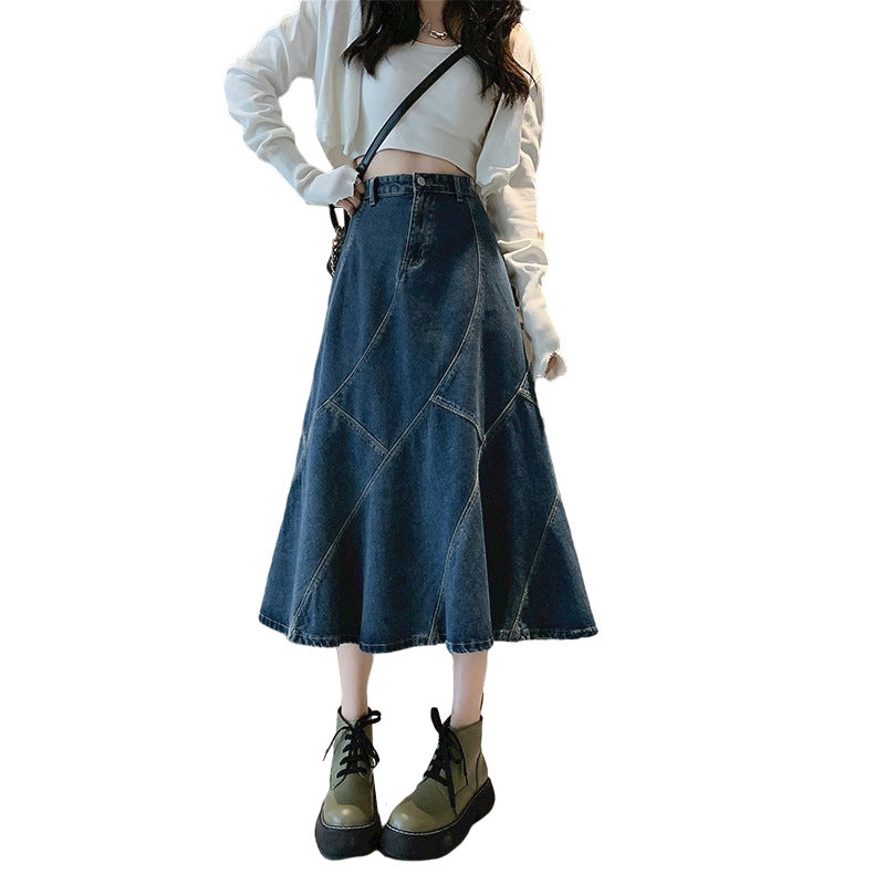 High Waist A-Line Loose Midi Denim Skirt for Women