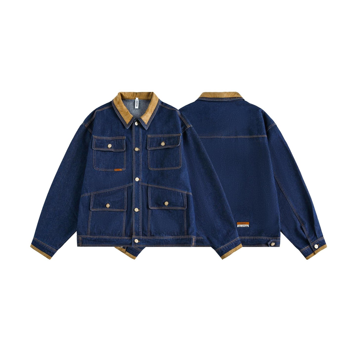 Multi Pocket Denim Jacket with Stacked Collar