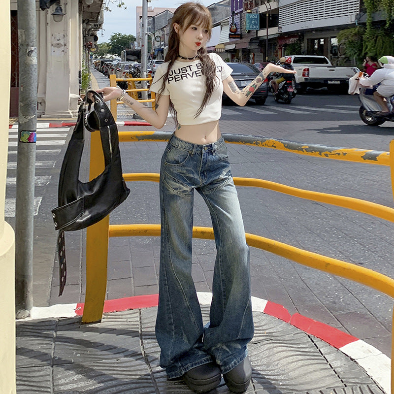 Women's Loose Denim Pants - Low Waist Straight Wide Leg Trousers