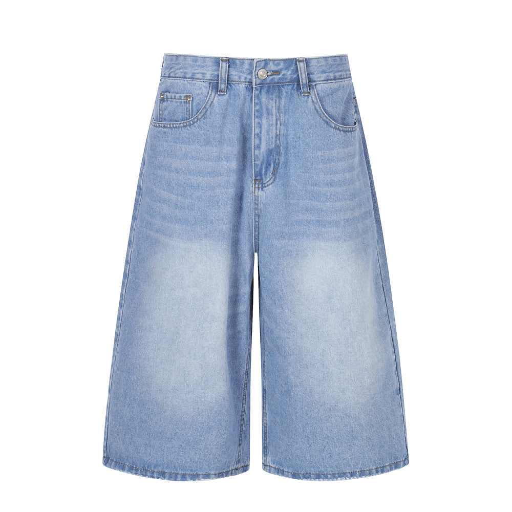 Vintage Blue Loose Denim Cropped Pants — Distressed Wash, Mid-Rise Loose Fit