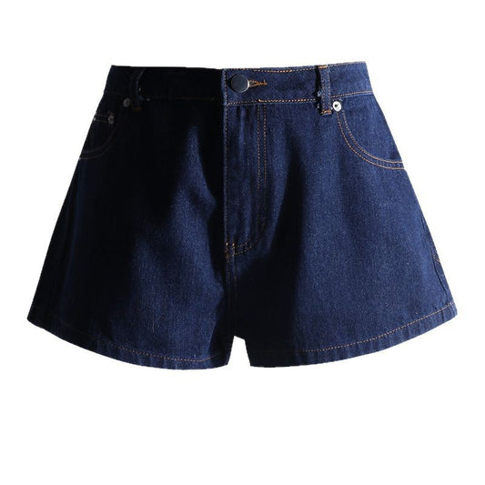 Korean Retro Dark Blue Denim Shorts for Women - High Waist A-line Straight Leg Slim Hot Pants
