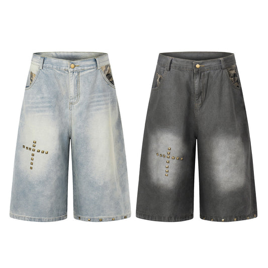 Men’s Punk Washed Denim Shorts — Distressed Cotton with Metal Accents
