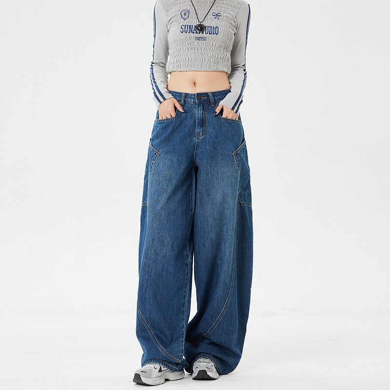 Women's Large Pocket Oversized Knife-Edge Jeans – Loose Baggy Patchwork Wide Leg Pants