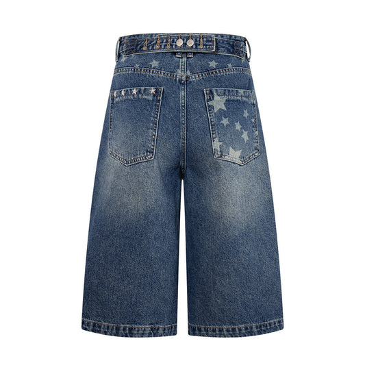 Blue Bleached Denim Shorts with Rhinestones and Distressed Details