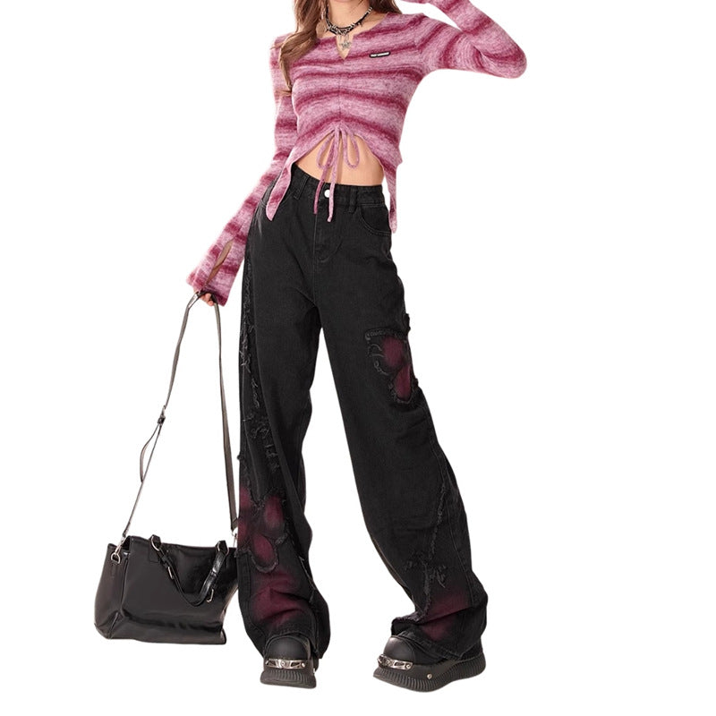 Washed Distressed Wide Leg Pants with Butterfly Pattern