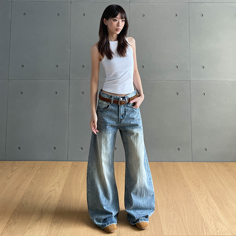 Bamboo Patterned Washed Light Blue Curved Knife Jeans