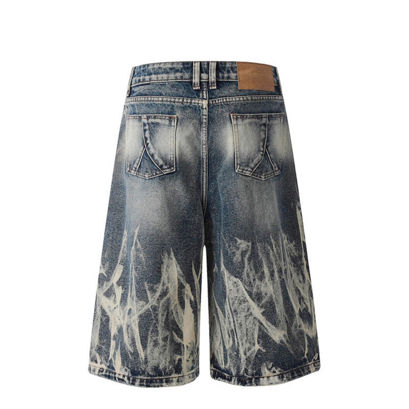 Lightning Patterned Denim Seven Quarter Shorts for Modern