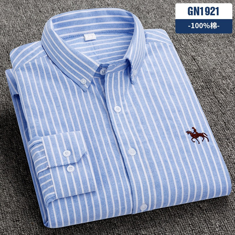 Pure Cotton Men's Long-Sleeved Oxford Shirt - Embroidered Logo