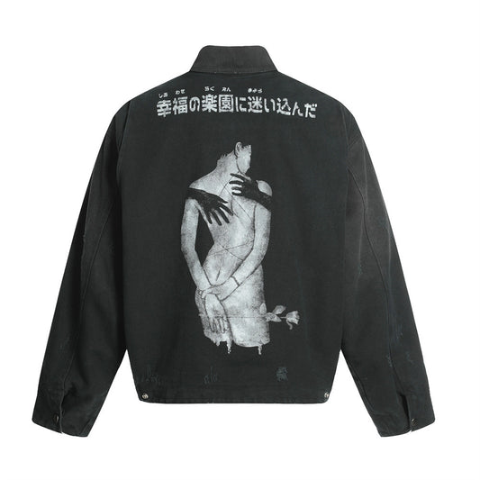 Men's Dark Character Print Canvas Jacket - Retro Punk Street Style