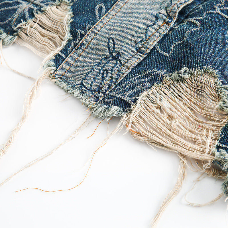 Butterfly Jacquard Denim Jacket Unisex Loose Fringe Outerwear