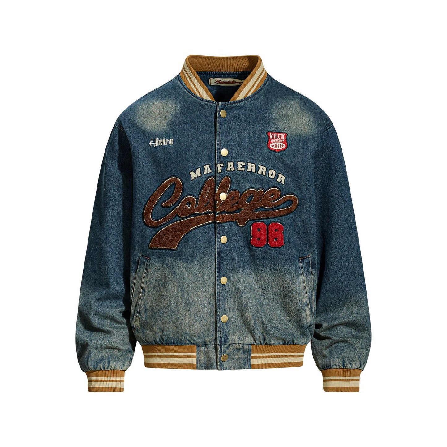 Vintage Washed Letter Embroidery Baseball Jacket for Men and Women - Casual Denim Jacket