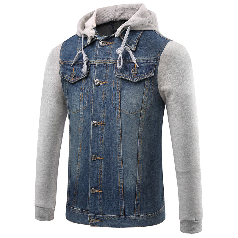 Casual Men's  Style Denim Jacket with Detachable Hood and Patchwork Design