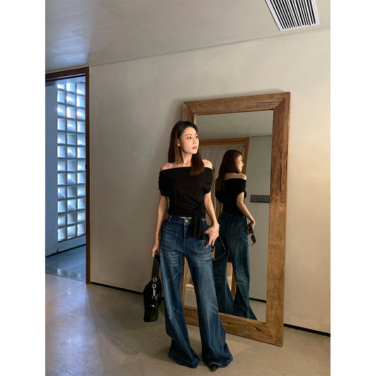 Unique Reversible Denim Wide Leg Pants for Women with Grab Pattern Design