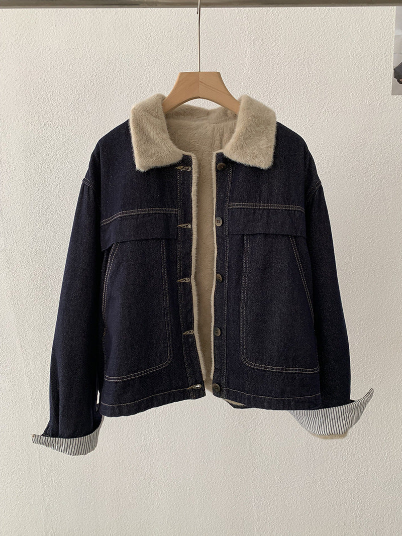 Retro Fleece-Lined Turn-Down Collar Long Sleeve Denim Jacket Top