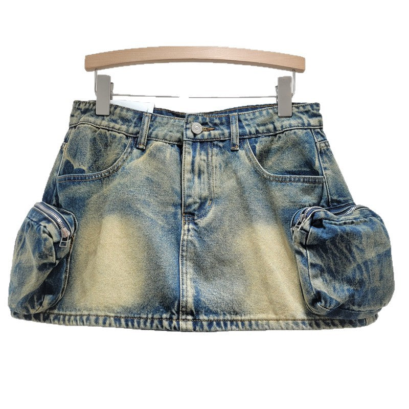 Design Sense Women's High-Waisted A-Line Denim Skirt with Zipper Pockets