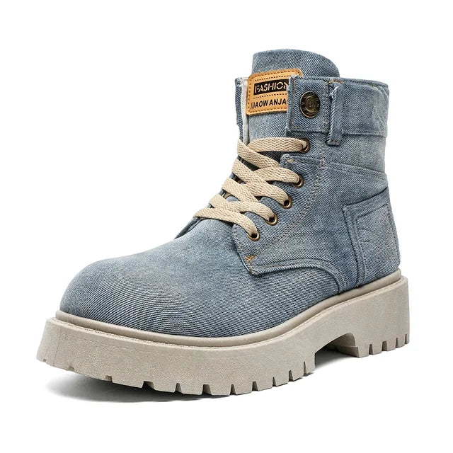 Men's Retro Washed Denim High Top Boots with Thick Sole