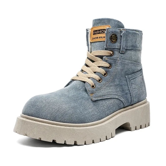Men's Retro Washed Denim High Top Boots with Thick Sole