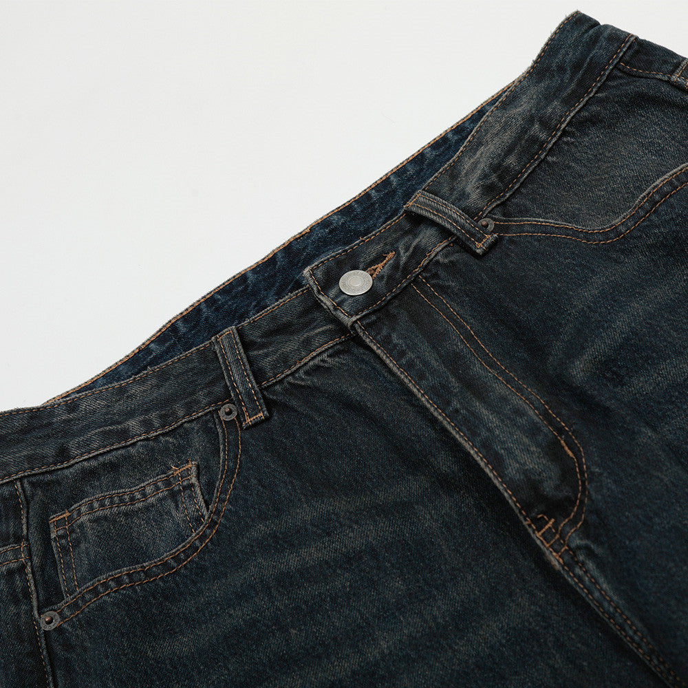 Distressed Punk Denim Trousers with Rivets and Color Block Pocket