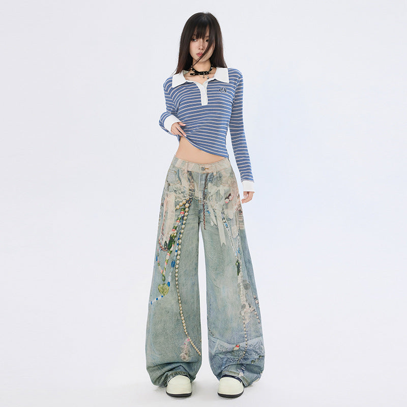 High Street 3D Chain Print Denim Pants for Women - Loose High Waist Wide Leg Trousers