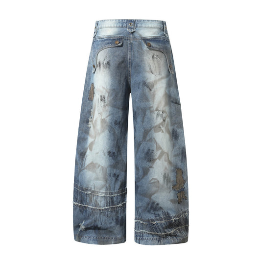 Men's Stylish Wide-Leg Denim Pants with Patchwork