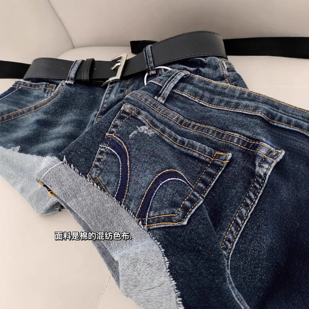 Low Waist Hip-Padded Denim Shorts for Women with Frayed Hem and Pockets - Sexy Fitted Skirt Style