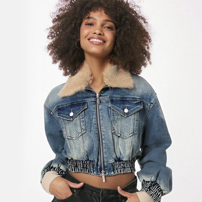 Detachable Fur Collar Versatile Cotton Denim Top