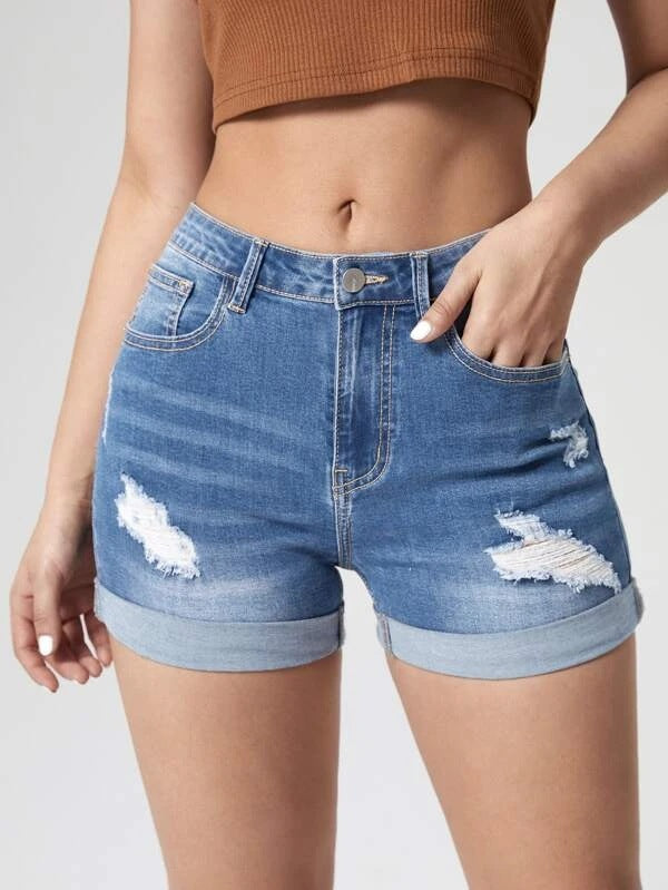 Elastic High-Waist Distressed Cuffed Denim Shorts for Women