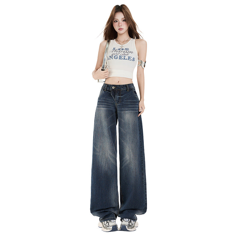 Women's Low Waist Straight Leg Jeans - Summer Water Washed Wide Leg Pants