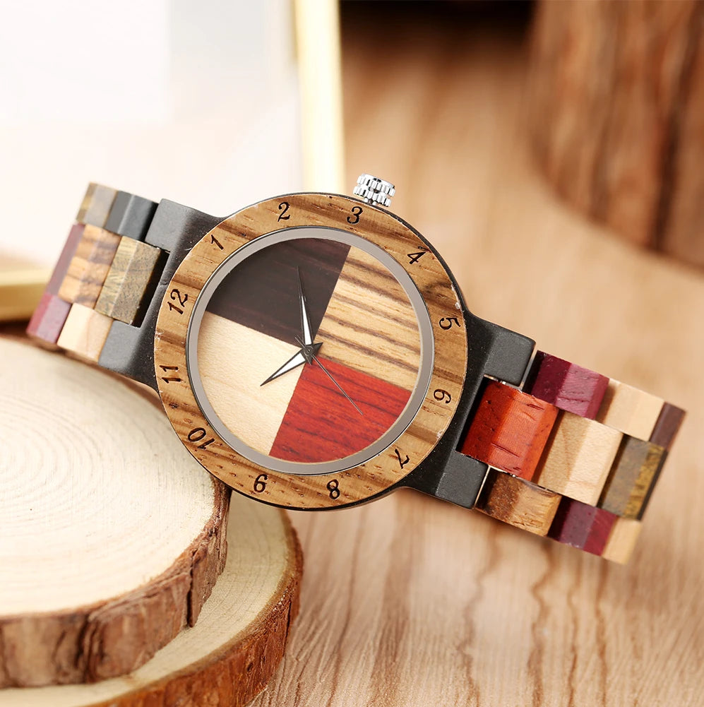 Vintage Wooden Dial Quartz Watch with Colorful Wooden Bangle Band