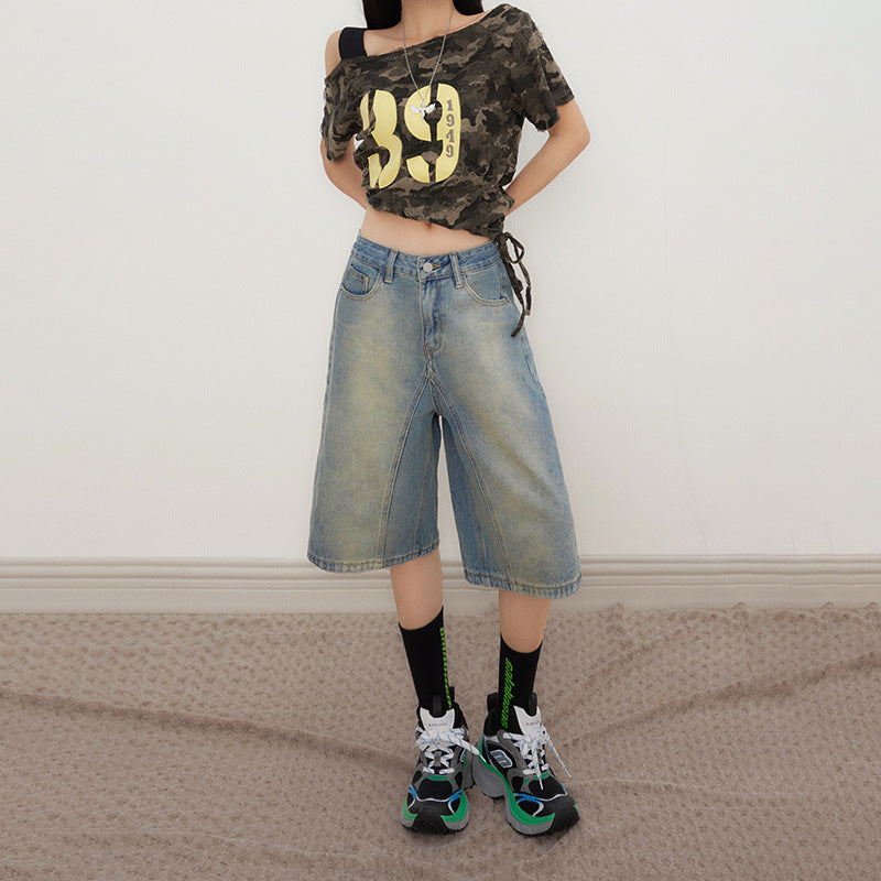 Women's Loose Wide-Leg Denim Shorts with Gradient Finish