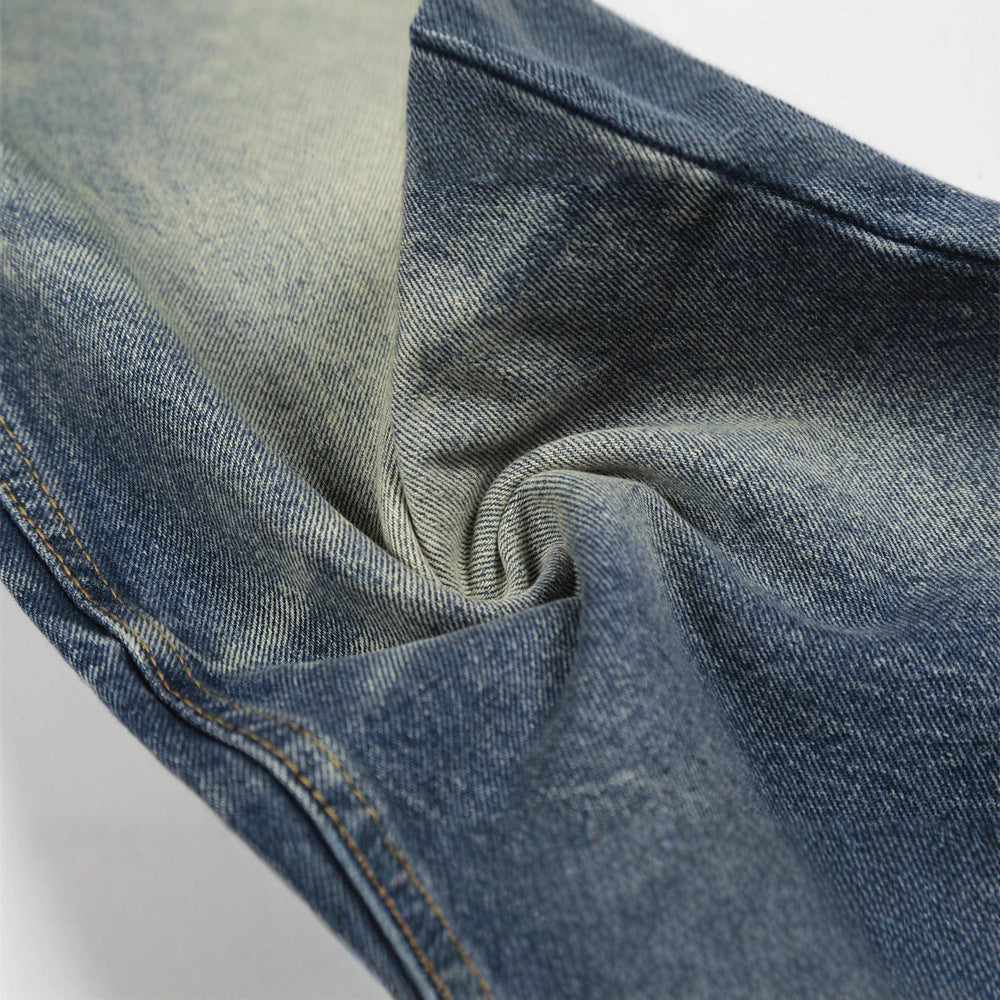 Vintage Men's Denim Pants, Button-Down Faded Straight Leg, Casual Loose Fit, Wide Leg Style