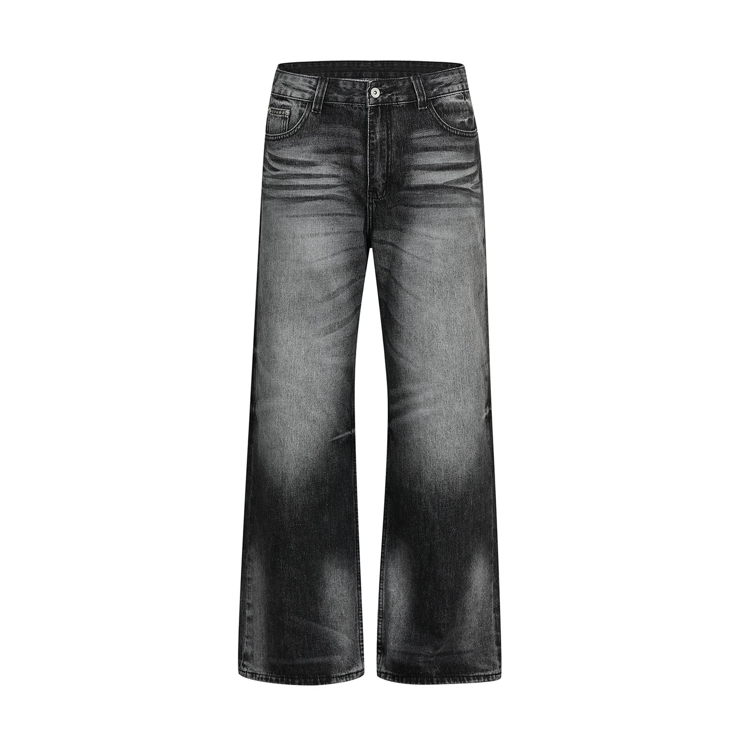 Retro Street Style Cat Whisker Pattern Loose Fit Men's Washed Black Flare Jeans