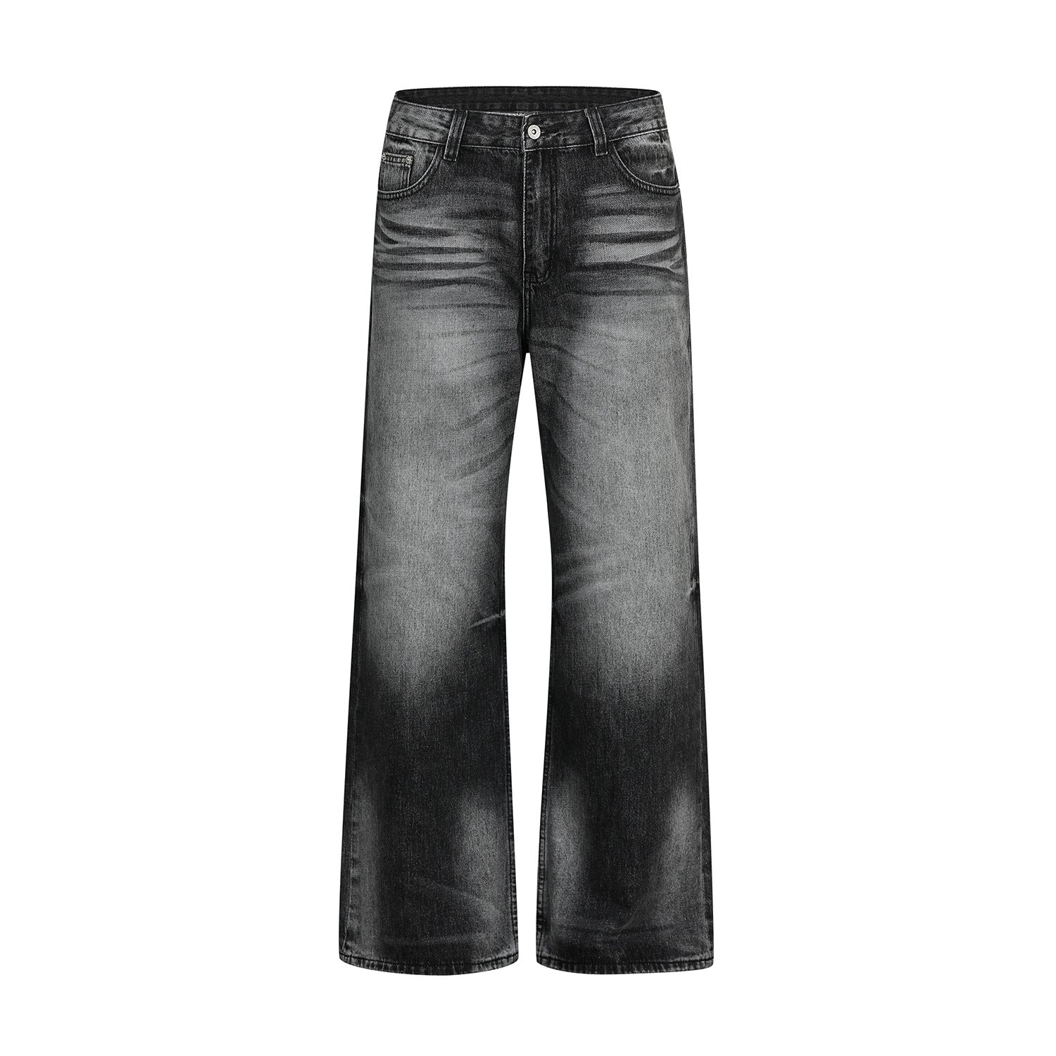 Retro Street Style Cat Whisker Pattern Loose Fit Men's Washed Black Flare Jeans